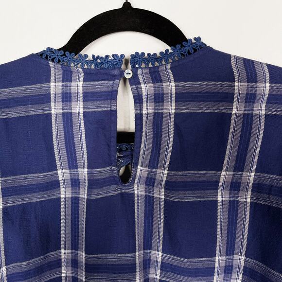 Free People S Navy Blue Darling Diana Lace Top Plaid Long Sleeve Blouse Keyhole - Picture 6 of 12